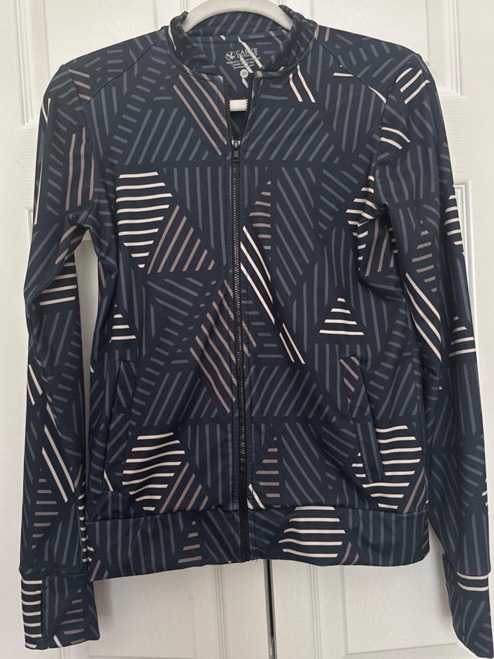 Carve Designs Navy & Cream Geometric Zip Bomber Jacket